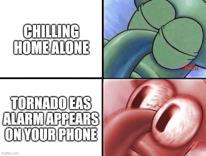 sleeping Squidward | CHILLING HOME ALONE TORNADO EAS ALARM APPEARS ON YOUR PHONE | image tagged in sleeping squidward | made w/ Imgflip meme maker