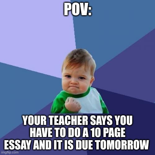 I hate this feeling | POV:; YOUR TEACHER SAYS YOU HAVE TO DO A 10 PAGE ESSAY AND IT IS DUE TOMORROW | image tagged in memes,success kid | made w/ Imgflip meme maker