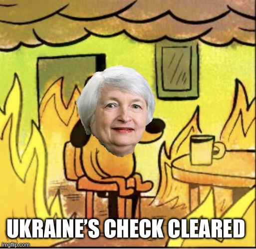 As long as Ukraine gets paid | UKRAINE’S CHECK CLEARED | image tagged in janet yellen | made w/ Imgflip meme maker