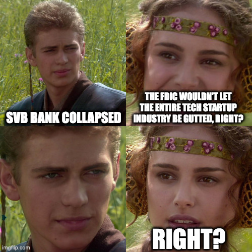 Anakin Padme 4 Panel | SVB BANK COLLAPSED; THE FDIC WOULDN'T LET THE ENTIRE TECH STARTUP INDUSTRY BE GUTTED, RIGHT? RIGHT? | image tagged in anakin padme 4 panel | made w/ Imgflip meme maker