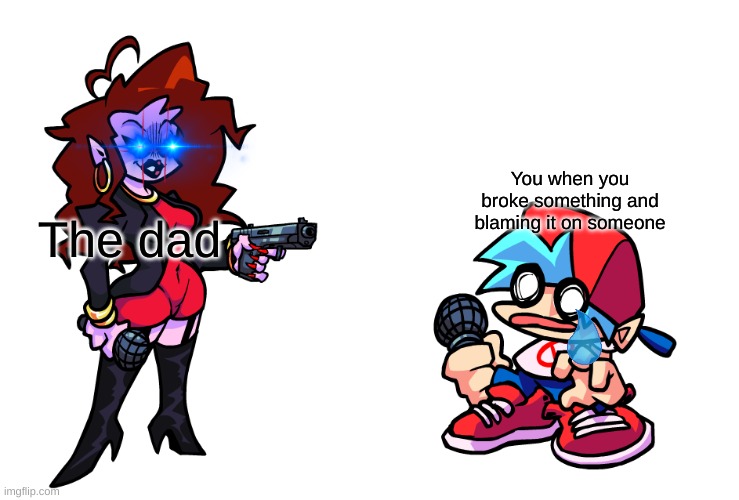 You getting in trouble | You when you broke something and blaming it on someone; The dad | image tagged in mom with gun | made w/ Imgflip meme maker