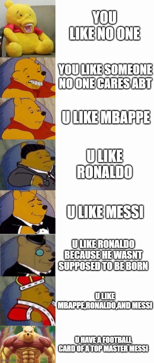 8-Panel Winnie The Pooh Meme | YOU LIKE NO ONE; YOU LIKE SOMEONE NO ONE CARES ABT; U LIKE MBAPPE; U LIKE RONALDO; U LIKE MESSI; U LIKE RONALDO BECAUSE HE WASNT SUPPOSED TO BE BORN; U LIKE MBAPPE,RONALDO,AND MESSI; U HAVE A FOOTBALL CARD OF A TOP MASTER MESSI | image tagged in 8-panel winnie the pooh meme,ronaldo,mbappe,soccer,oh wow are you actually reading these tags,messi | made w/ Imgflip meme maker