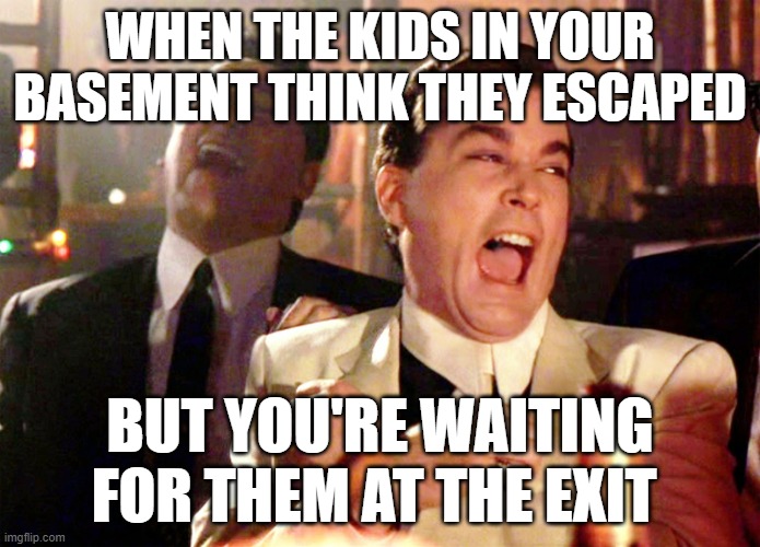 (very relatable) at least I caught them before they could escape into the world | WHEN THE KIDS IN YOUR BASEMENT THINK THEY ESCAPED; BUT YOU'RE WAITING FOR THEM AT THE EXIT | image tagged in memes,good fellas hilarious | made w/ Imgflip meme maker