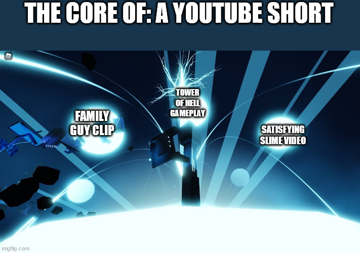 the core of a youtube short | THE CORE OF: Α YOUTUBE SHORT; TOWER OF HELL GAMEPLAY; FAMILY GUY CLIP; SATISFYING SLIME VIDEO | image tagged in the 3 together make for perfect | made w/ Imgflip meme maker