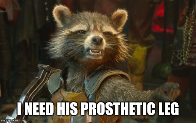 Rocket Raccoon | I NEED HIS PROSTHETIC LEG | image tagged in rocket raccoon | made w/ Imgflip meme maker