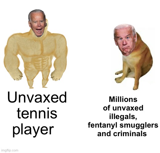 Joe is tough on tennis players. | Millions of unvaxed illegals, fentanyl smugglers and criminals; Unvaxed tennis player | image tagged in memes,buff doge vs cheems,politics lol,government corruption | made w/ Imgflip meme maker