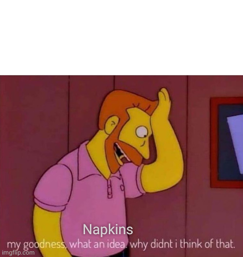 my goodness what an idea why didn't I think of that | Napkins | image tagged in my goodness what an idea why didn't i think of that | made w/ Imgflip meme maker