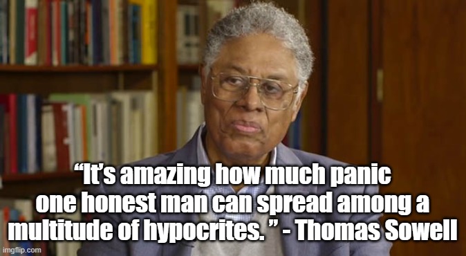 One honest man | “It’s amazing how much panic one honest man can spread among a multitude of hypocrites. ” - Thomas Sowell | image tagged in thomas sowell,politics | made w/ Imgflip meme maker