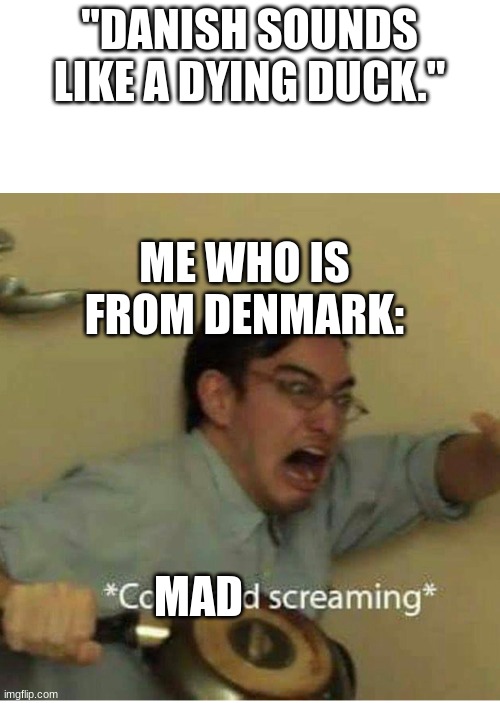 confused screaming | "DANISH SOUNDS LIKE A DYING DUCK." ME WHO IS FROM DENMARK: MAD | image tagged in confused screaming | made w/ Imgflip meme maker