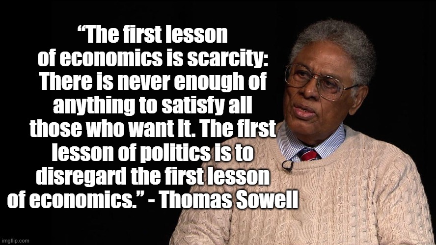 The first lesson of economics | “The first lesson of economics is scarcity: There is never enough of anything to satisfy all those who want it. The first lesson of politics is to disregard the first lesson of economics.” - Thomas Sowell | image tagged in thomas sowell,politics,economics | made w/ Imgflip meme maker