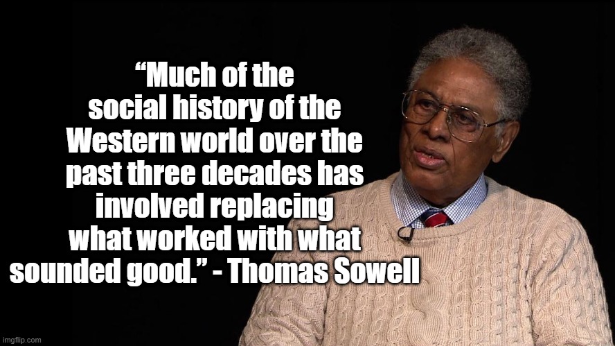 What works | “Much of the social history of the Western world over the past three decades has involved replacing what worked with what sounded good.” - Thomas Sowell | image tagged in thomas sowell,politics,economics | made w/ Imgflip meme maker