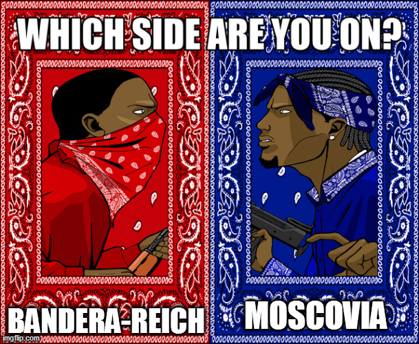 that's Bandera-Reich, not Bandana-Reich | BANDERA-REICH; MOSCOVIA | image tagged in which side are you on | made w/ Imgflip meme maker