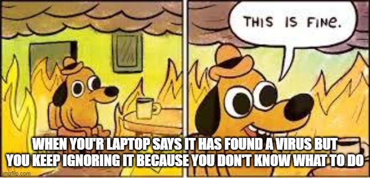 my laptop actually got virus | WHEN YOU'R LAPTOP SAYS IT HAS FOUND A VIRUS BUT YOU KEEP IGNORING IT BECAUSE YOU DON'T KNOW WHAT TO DO | image tagged in this is fine | made w/ Imgflip meme maker