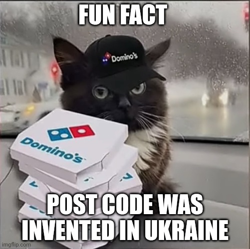 Dominos Cat | FUN FACT; POST CODE WAS INVENTED IN UKRAINE | image tagged in dominos cat | made w/ Imgflip meme maker