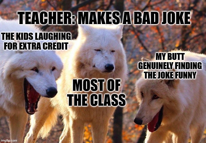 feel like this would do better on tumblr | TEACHER: MAKES A BAD JOKE; THE KIDS LAUGHING FOR EXTRA CREDIT; MY BUTT GENUINELY FINDING THE JOKE FUNNY; MOST OF THE CLASS | image tagged in 2/3 wolves laugh | made w/ Imgflip meme maker
