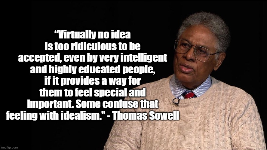 Feelings are not idealism | “Virtually no idea is too ridiculous to be accepted, even by very intelligent and highly educated people, if it provides a way for them to feel special and important. Some confuse that feeling with idealism.” - Thomas Sowell | image tagged in thomas sowell,politics,education | made w/ Imgflip meme maker