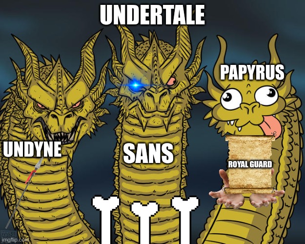 Basically Undertale | UNDERTALE; PAPYRUS; UNDYNE; SANS; ROYAL GUARD | image tagged in three-headed dragon | made w/ Imgflip meme maker