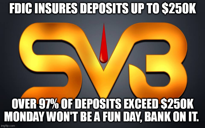 Prepare for the worst. |  FDIC INSURES DEPOSITS UP TO $250K; OVER 97% OF DEPOSITS EXCEED $250K
MONDAY WON'T BE A FUN DAY, BANK ON IT. | image tagged in banks,crisis | made w/ Imgflip meme maker