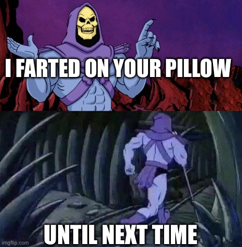 Marriage revenge | I FARTED ON YOUR PILLOW; UNTIL NEXT TIME | image tagged in he man skeleton advices | made w/ Imgflip meme maker