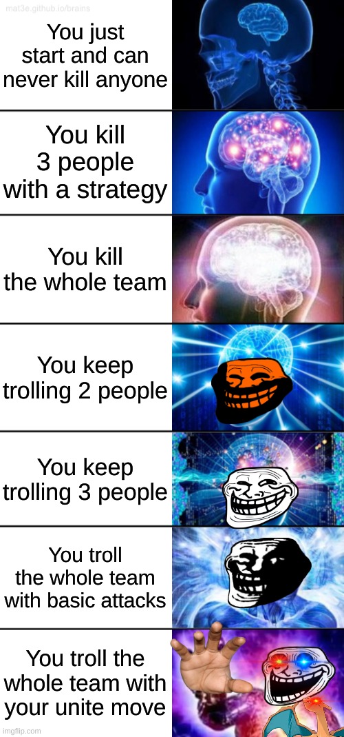 Pokemon unite trolling(gaining experience) | You just start and can never kill anyone; You kill 3 people with a strategy; You kill the whole team; You keep trolling 2 people; You keep trolling 3 people; You troll the whole team with basic attacks; You troll the whole team with your unite move | image tagged in 7-tier expanding brain | made w/ Imgflip meme maker