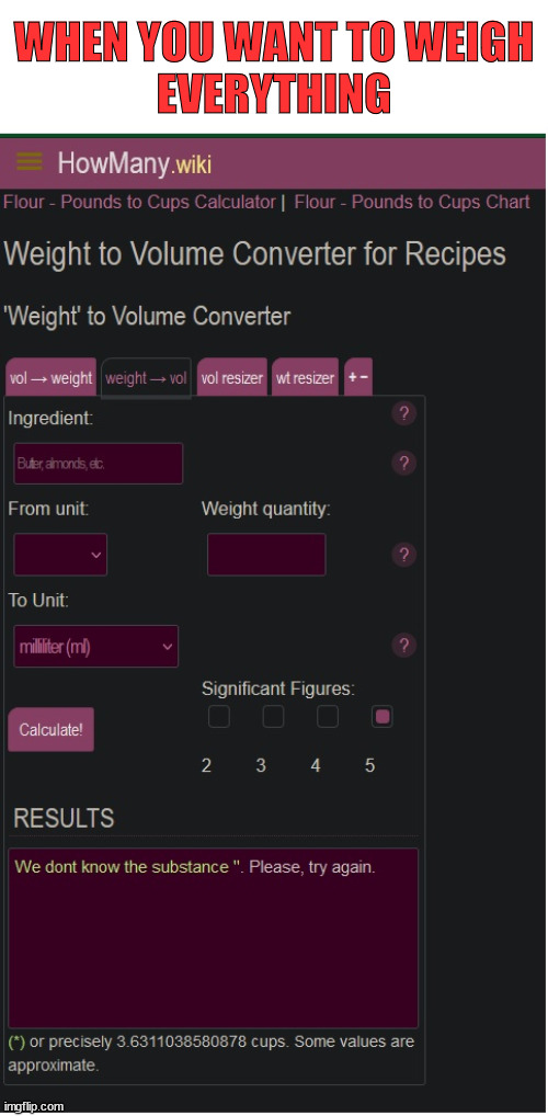 Weight To Volume Converter | WHEN YOU WANT TO WEIGH
EVERYTHING | image tagged in cooking,food,ingredients,weight,volume,measure | made w/ Imgflip meme maker