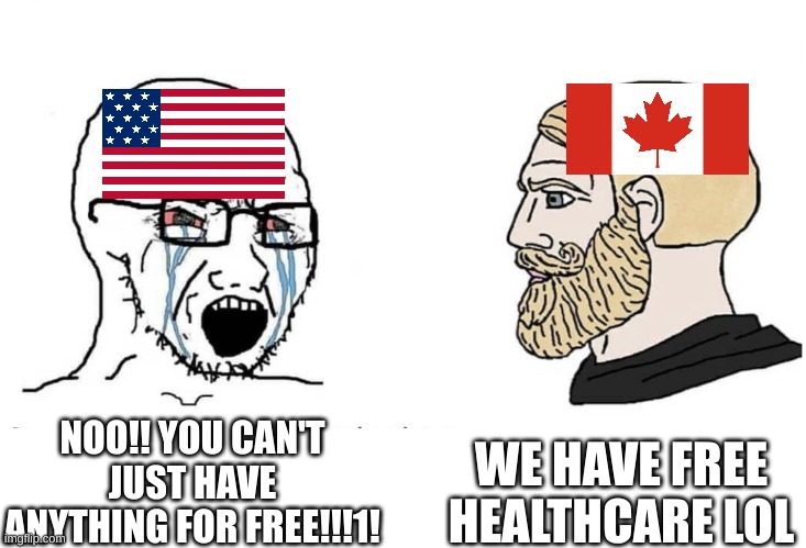 10 upvotes and I post this in politics stream to anger those mfs | WE HAVE FREE HEALTHCARE LOL; NOO!! YOU CAN'T JUST HAVE ANYTHING FOR FREE!!!1! | image tagged in soyboy vs yes chad | made w/ Imgflip meme maker