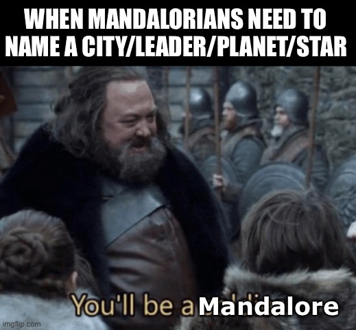 You'll be a soldier | WHEN MANDALORIANS NEED TO NAME A CITY/LEADER/PLANET/STAR; Mandalore | image tagged in you'll be a soldier,SequelMemes | made w/ Imgflip meme maker