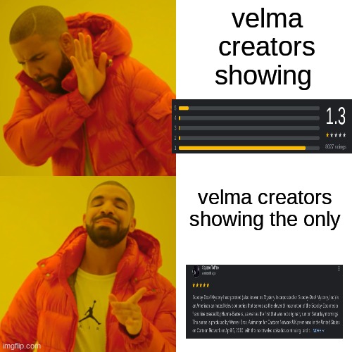 velma be | velma creators showing; velma creators showing the only | image tagged in memes,drake hotline bling | made w/ Imgflip meme maker