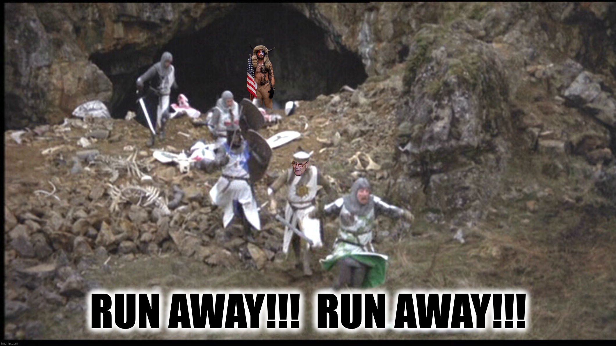 Bad Photoshop Sunday presents:  Insurrection awaits you all with nasty, big pointy horns! | RUN AWAY!!!  RUN AWAY!!! | image tagged in bad photoshop sunday,chuck schumer,monty python and the holy grail,qanon shaman | made w/ Imgflip meme maker