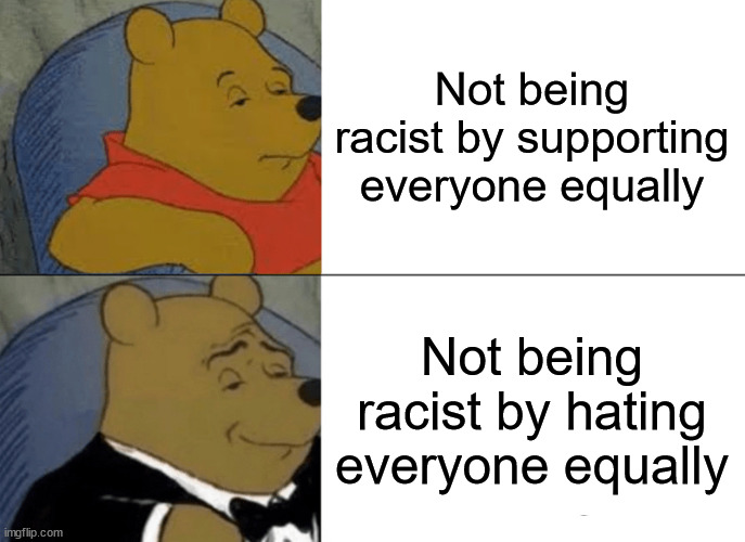 Tuxedo Winnie The Pooh Meme | Not being racist by supporting everyone equally; Not being racist by hating everyone equally | image tagged in memes,tuxedo winnie the pooh,funny,me be like | made w/ Imgflip meme maker
