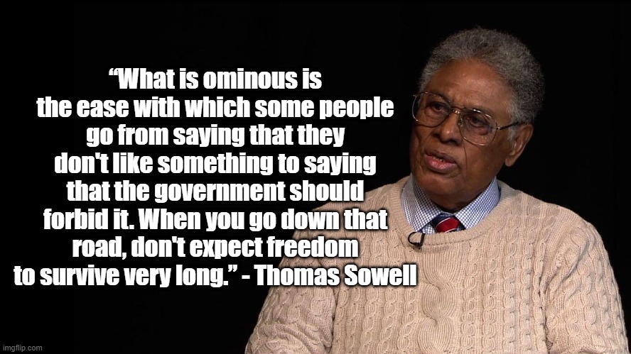 Don't expect freedom to survive | “What is ominous is the ease with which some people go from saying that they don't like something to saying that the government should forbid it. When you go down that road, don't expect freedom to survive very long.” - Thomas Sowell | image tagged in thomas sowell,politics | made w/ Imgflip meme maker