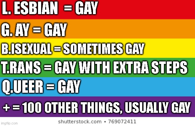 An education on the lgbtq+ flag for those unfamiliar. Hope this helps. | L. ESBIAN  = GAY; G. AY = GAY; B.ISEXUAL = SOMETIMES GAY; T.RANS = GAY WITH EXTRA STEPS; Q.UEER = GAY; + = 100 OTHER THINGS, USUALLY GAY | image tagged in lgbtqp | made w/ Imgflip meme maker