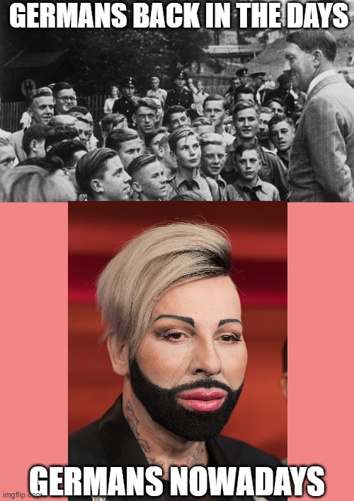 I'm german, I know what I'm talking about. It is embarassing. | GERMANS BACK IN THE DAYS; GERMANS NOWADAYS | image tagged in hitler,fun,dark humor,i dunno | made w/ Imgflip meme maker