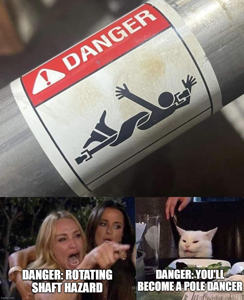 DANGER: YOU'LL BECOME A POLE DANCER; DANGER: ROTATING SHAFT HAZARD | image tagged in woman yelling at cat,meme,memes,funny,signs | made w/ Imgflip meme maker