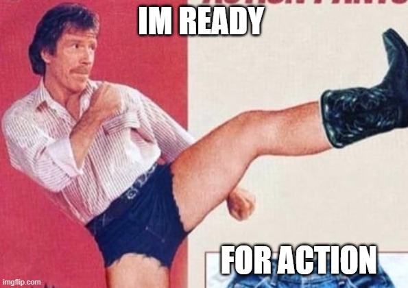 daisy chuck | IM READY; FOR ACTION | image tagged in shorts,chuck norris,chuck norris flex,kicking,funny memes,fun | made w/ Imgflip meme maker