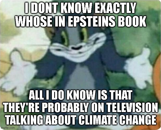 Tom Shrugging | I DONT KNOW EXACTLY WHOSE IN EPSTEINS BOOK; ALL I DO KNOW IS THAT THEY'RE PROBABLY ON TELEVISION TALKING ABOUT CLIMATE CHANGE | image tagged in tom shrugging | made w/ Imgflip meme maker