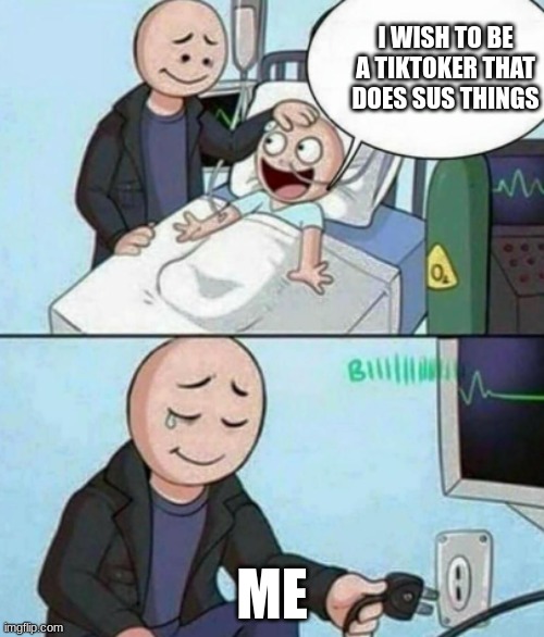 :( | I WISH TO BE A TIKTOKER THAT DOES SUS THINGS; ME | image tagged in father unplugs life support | made w/ Imgflip meme maker