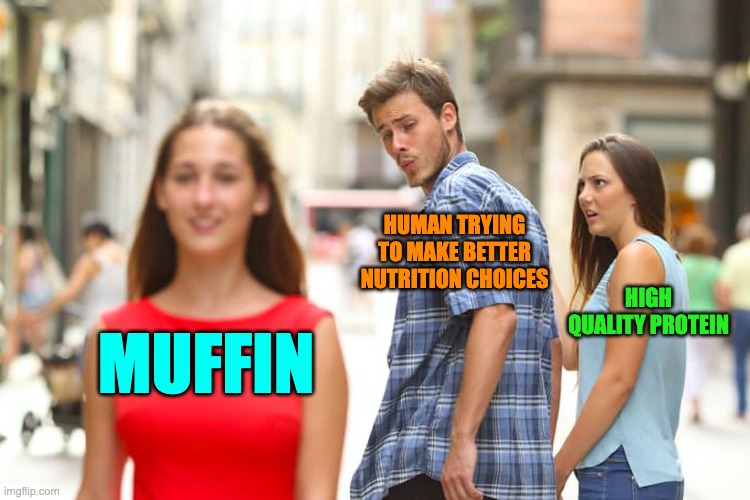 Rabbit Hole: Nutrition | HUMAN TRYING TO MAKE BETTER NUTRITION CHOICES; HIGH QUALITY PROTEIN; MUFFIN | image tagged in memes,distracted boyfriend | made w/ Imgflip meme maker