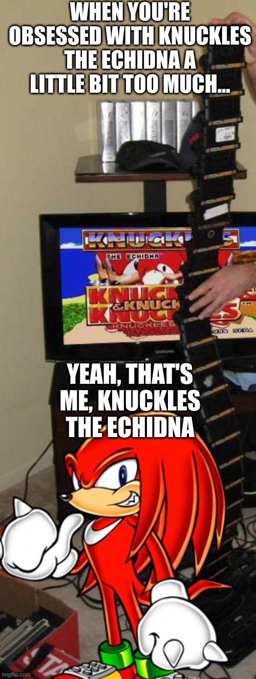Knuckles didn't make this meme | WHEN YOU'RE OBSESSED WITH KNUCKLES THE ECHIDNA A LITTLE BIT TOO MUCH... YEAH, THAT'S ME, KNUCKLES THE ECHIDNA | image tagged in knuckles | made w/ Imgflip meme maker