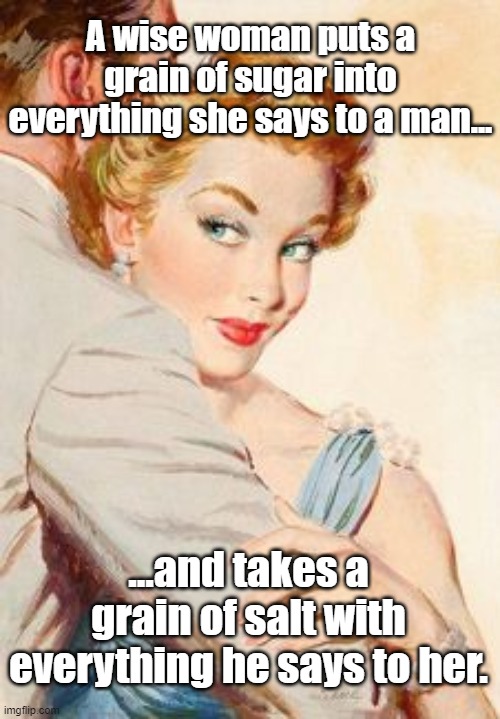A wise woman puts a grain of sugar into everything she says to a man... ...and takes a grain of salt with everything he says to her. | image tagged in men | made w/ Imgflip meme maker