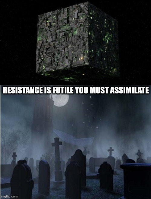 Borg Graveyard | RESISTANCE IS FUTILE YOU MUST ASSIMILATE | image tagged in borg,graveyard,death,assimilate,grave,cemetary | made w/ Imgflip meme maker