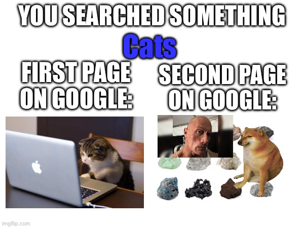 Every Google search | YOU SEARCHED SOMETHING; Cats; FIRST PAGE ON GOOGLE:; SECOND PAGE ON GOOGLE: | image tagged in cats | made w/ Imgflip meme maker