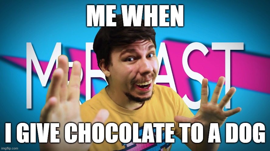 ... vs. MRBEAST!!!!!!! | ME WHEN; I GIVE CHOCOLATE TO A DOG | image tagged in fake mrbeast | made w/ Imgflip meme maker