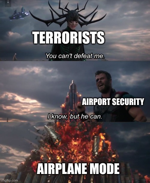 You can't defeat me | TERRORISTS; AIRPORT SECURITY; AIRPLANE MODE | image tagged in you can't defeat me | made w/ Imgflip meme maker