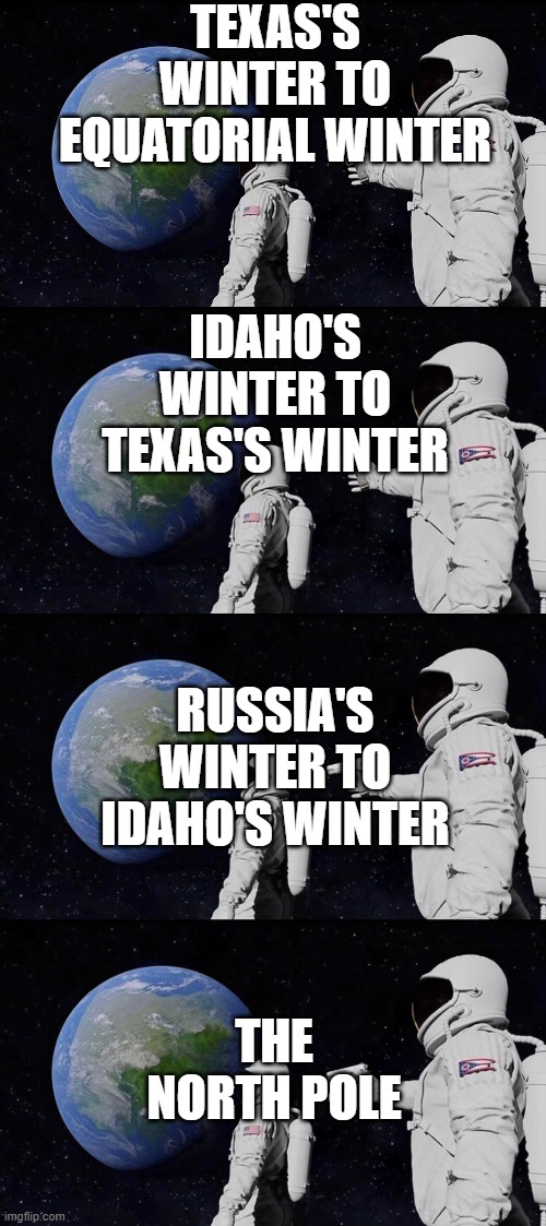 TEXAS'S WINTER TO EQUATORIAL WINTER; IDAHO'S WINTER TO TEXAS'S WINTER; RUSSIA'S WINTER TO IDAHO'S WINTER; THE NORTH POLE | image tagged in memes,always has been,cold weather,russia,america | made w/ Imgflip meme maker