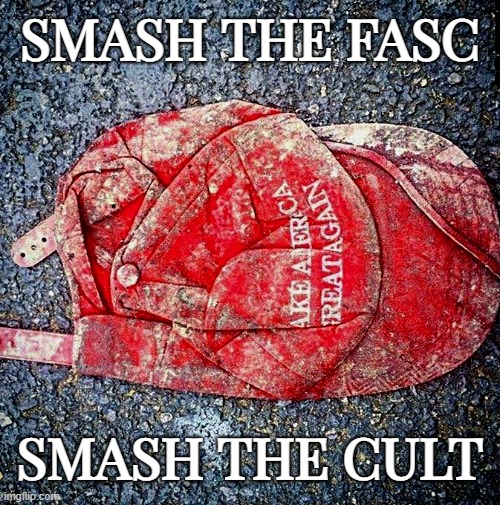 bulk SMASH...! | SMASH THE FASC; SMASH THE CULT | image tagged in maga hat smashed d-_-b template,lemme smash,fascist,maga,cancelled,cult | made w/ Imgflip meme maker