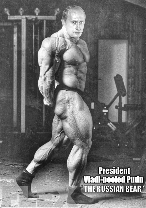 President Vladi-peeled Putin ' The Russian Bear ' | President Vladi-peeled Putin; ' THE RUSSIAN BEAR ' | image tagged in strong,vladimir putin,muscles,soviet union,tough,prime minister | made w/ Imgflip meme maker
