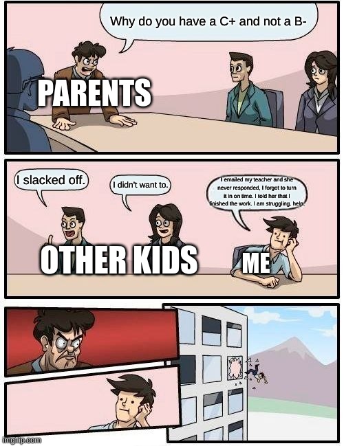 Boardroom Meeting Suggestion | Why do you have a C+ and not a B-; PARENTS; I slacked off. I didn't want to. I emailed my teacher and she never responded, I forgot to turn it in on time. I told her that I finished the work. I am struggling. help. OTHER KIDS; ME | image tagged in memes,boardroom meeting suggestion | made w/ Imgflip meme maker