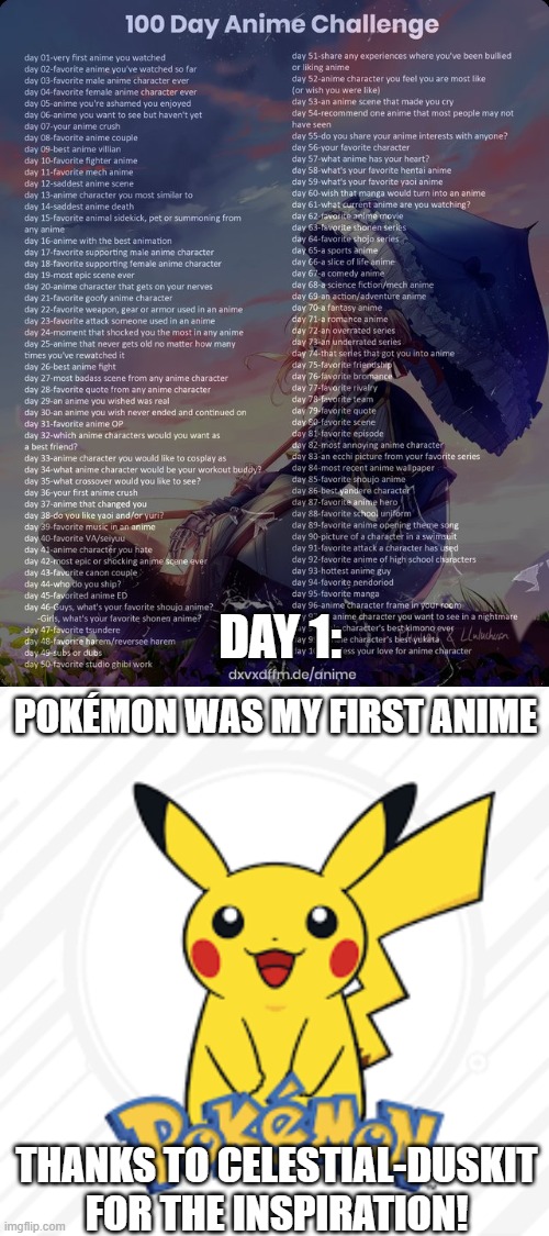 Day 1: Pokemon! | DAY 1:; POKÉMON WAS MY FIRST ANIME; THANKS TO CELESTIAL-DUSKIT FOR THE INSPIRATION! | image tagged in anime,celestial-duskit,day 1 | made w/ Imgflip meme maker