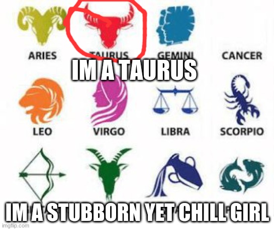 Zodiac Signs | IM A TAURUS; IM A STUBBORN YET CHILL GIRL | image tagged in zodiac signs | made w/ Imgflip meme maker
